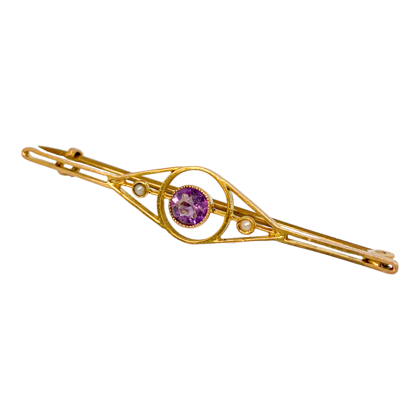 Victorian amethyst pearl 9ct yellow gold openwork bar brooch