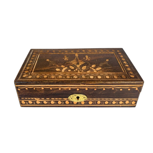 Vintage French chestnut wood trinket / card / cigarette box with hand carved floral lid