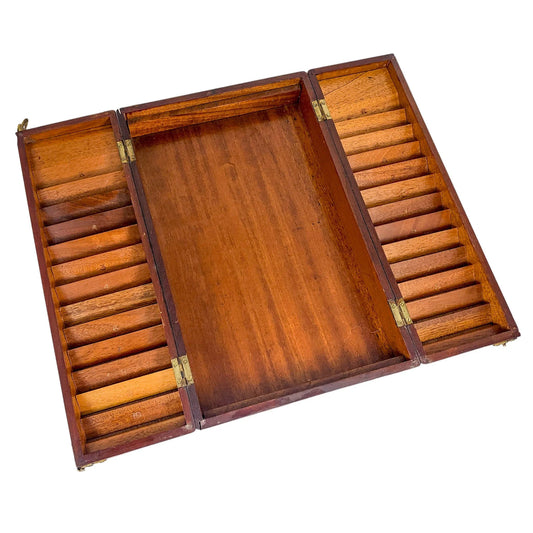 Wooden Victorian portable travelling campaign folding card table with labelled card slots