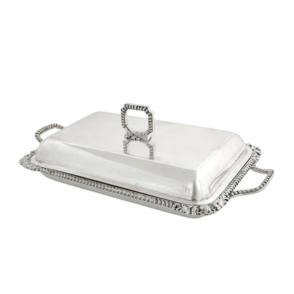 Victorian silver plated two-handled entrée / vegetable serving dish with scrolls and shells