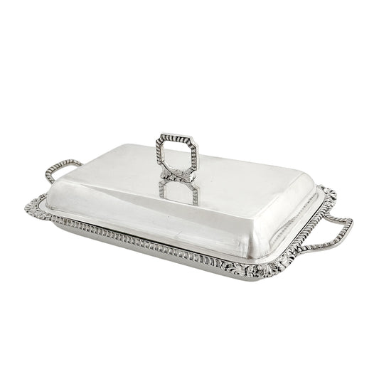 Victorian silver plated two-handled entrée / vegetable serving dish with scrolls and shells