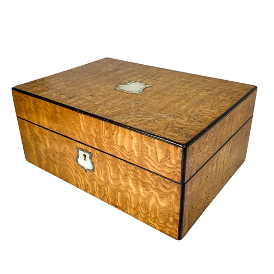 Victorian burr walnut jewellery workbox with lift-out tray and mother of pearl escutcheon