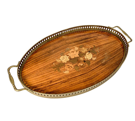 Vintage Italian Sorrento walnut marquetry inlaid oval tray with brass gallery and handles