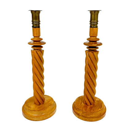Vintage pair of pine French barley twist tall candleholders