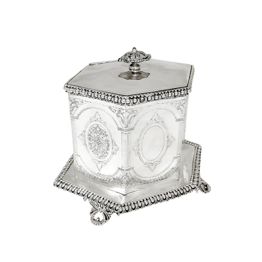 Victorian Neoclassical 6-sided silver-plated biscuit barrel on cast feet with egg-and-dart trim