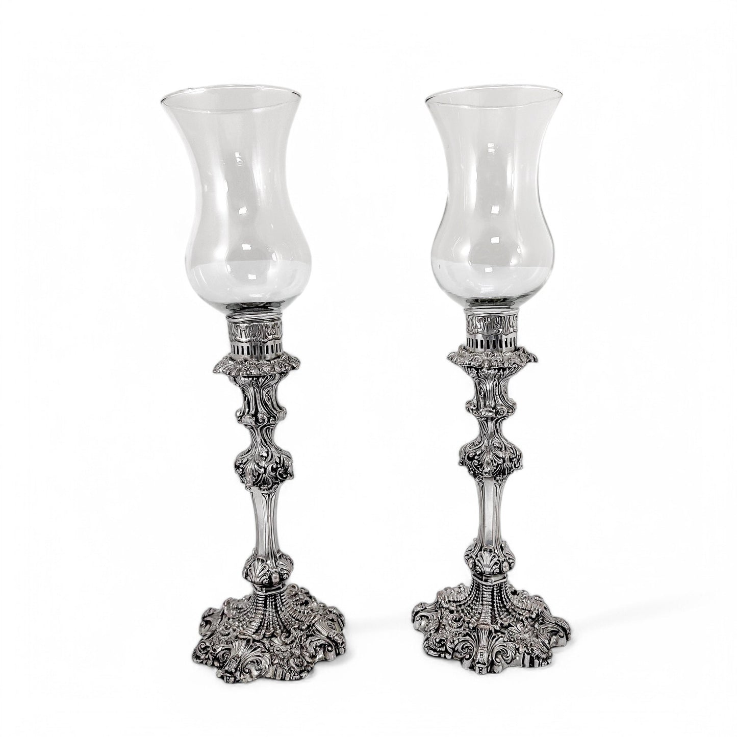 1790's Old Sheffield plate tall candlesticks with hurricane glass shades