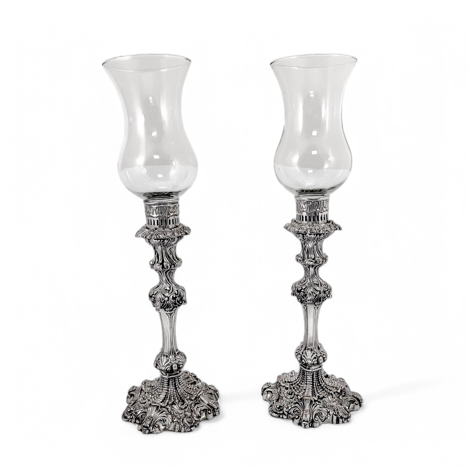 1790's Old Sheffield plate tall candlesticks with hurricane glass shades