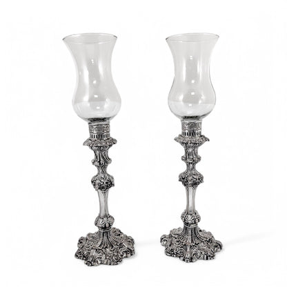 1790's Old Sheffield plate tall candlesticks with hurricane glass shades
