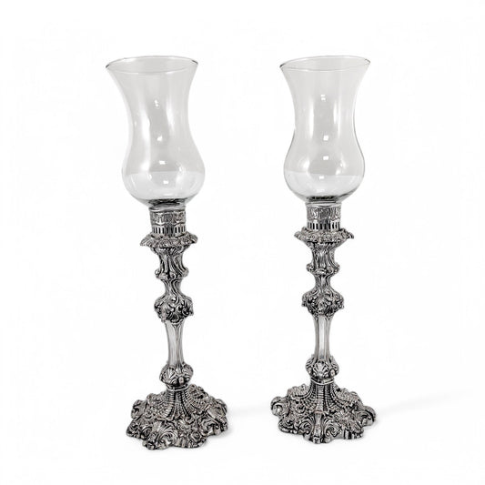 1790's Old Sheffield plate tall candlesticks with hurricane glass shades