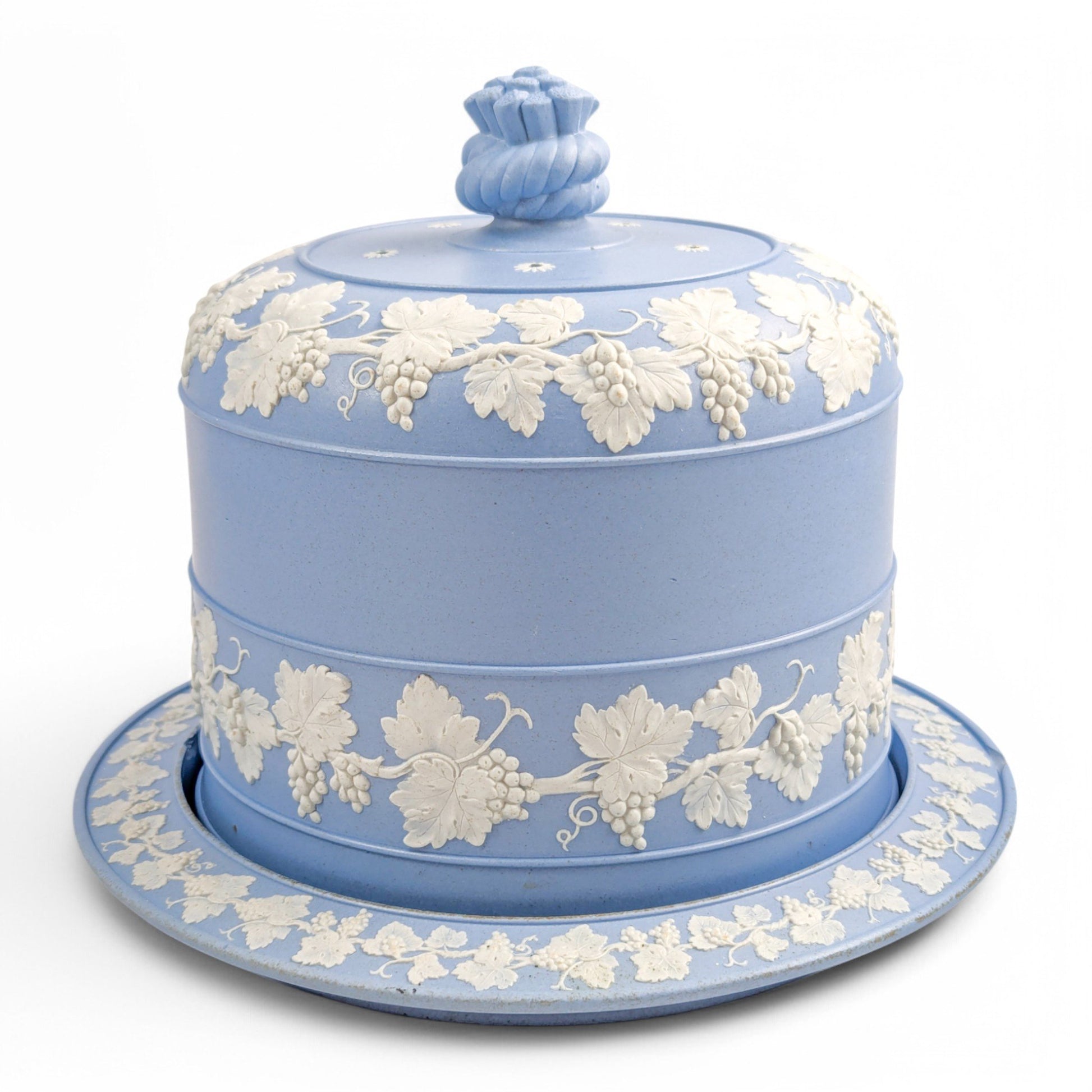 Antique English Wedgwood style blue jasperware cheese dome and stand with grapevine decoration, 19th century