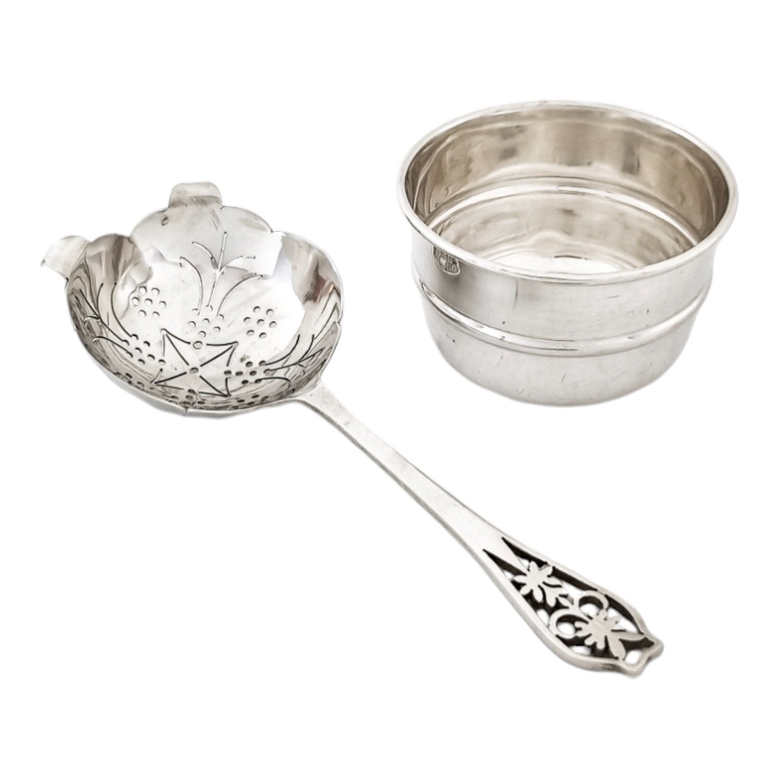 Art Deco large sterling silver tea strainer with bowl stand and pierced handle