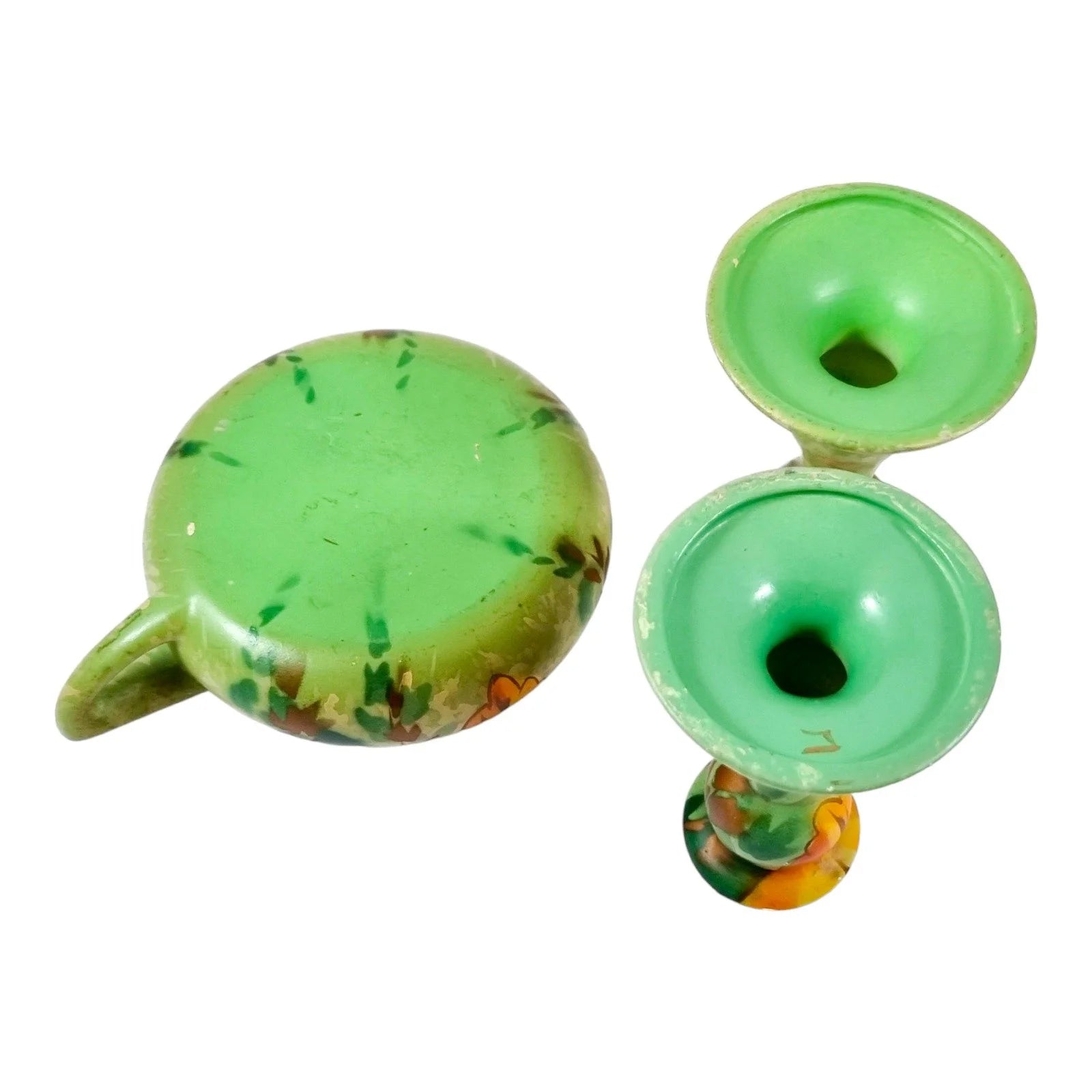 Studio Pottery green chamberstick and 2 matching candlesticks decorated with autumn oak leaves