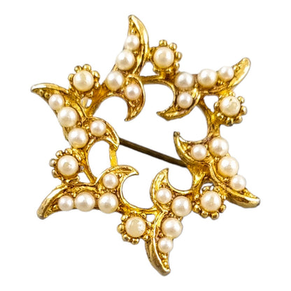 1950's estate gold plated scrolling floral star brooch set with imitation pearls, Edwardian revival