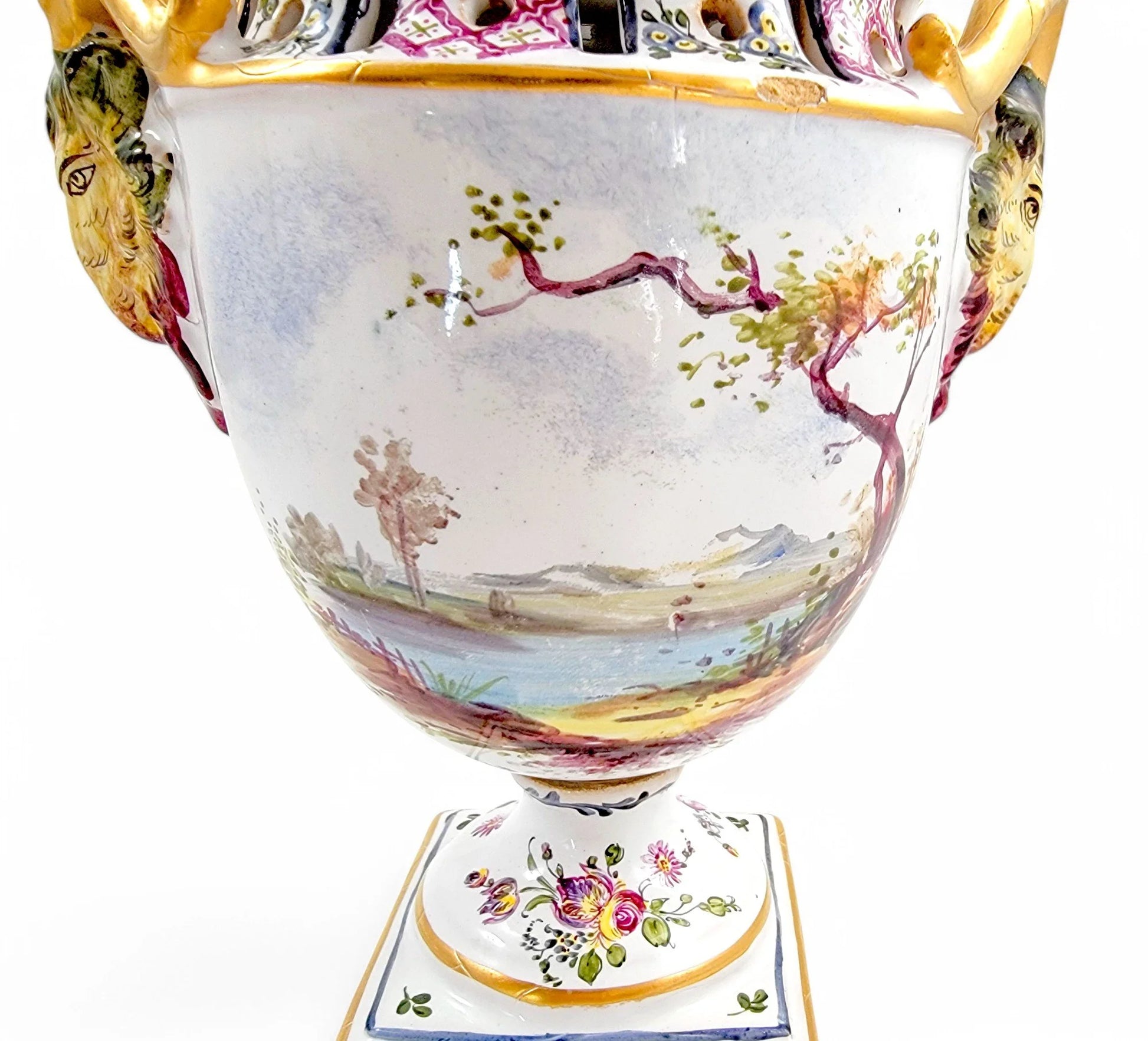 Rare 18th century French faience urns by Veuve Perrin with hand-painted pastoral scenes in Rococo style