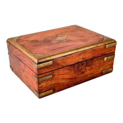 Vintage Indian rosewood campaign style box, brass-bound