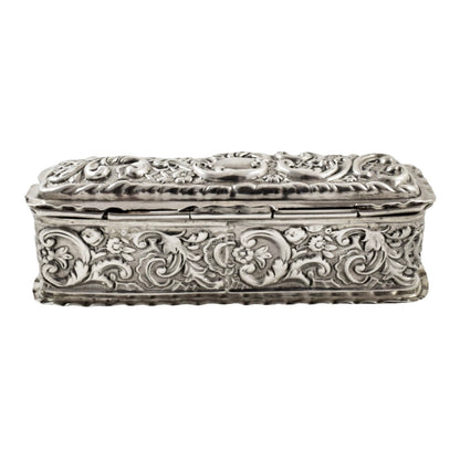 Victorian sterling silver dressing table snuff box embossed with Art Nouveau scrolls