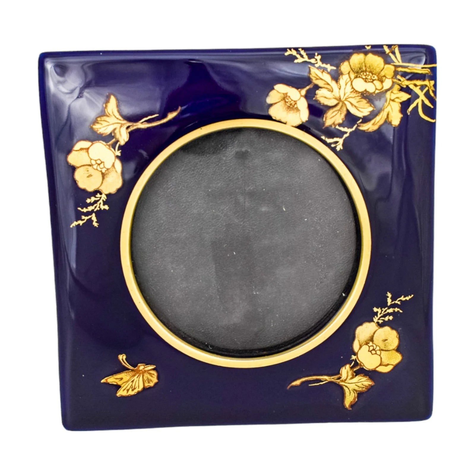 Arts & Crafts Limoges porcelain cobalt blue picture frame, gilded flowers and butterfly