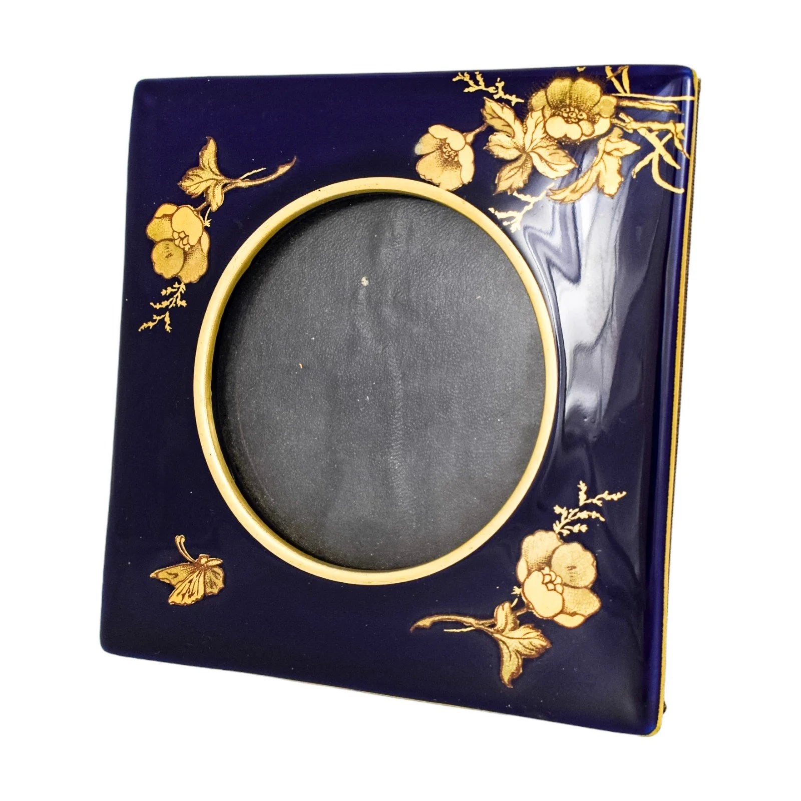 Arts & Crafts Limoges porcelain cobalt blue picture frame, gilded flowers and butterfly