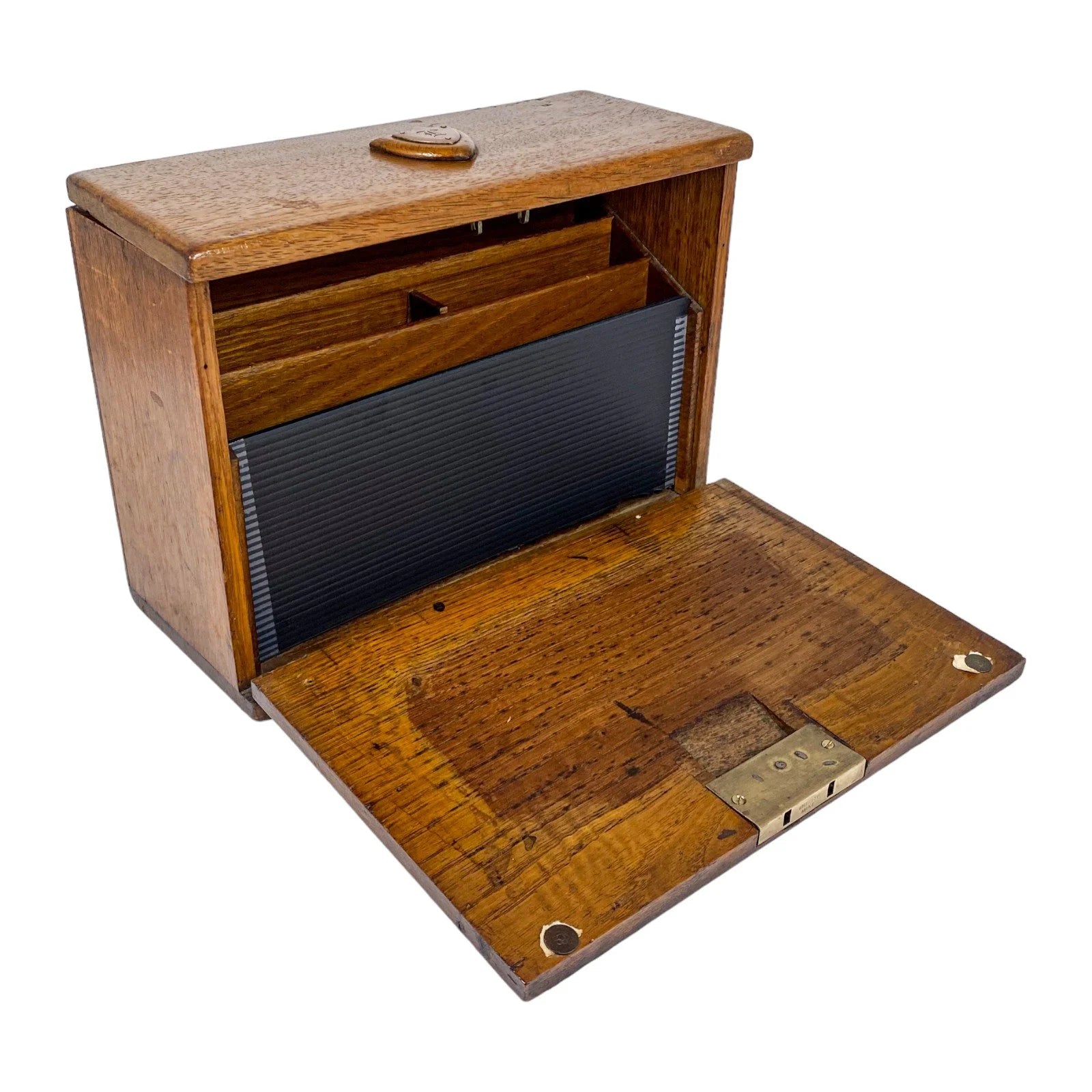 Victorian stationery letter correspondence oak box with 3 compartments and pen holder
