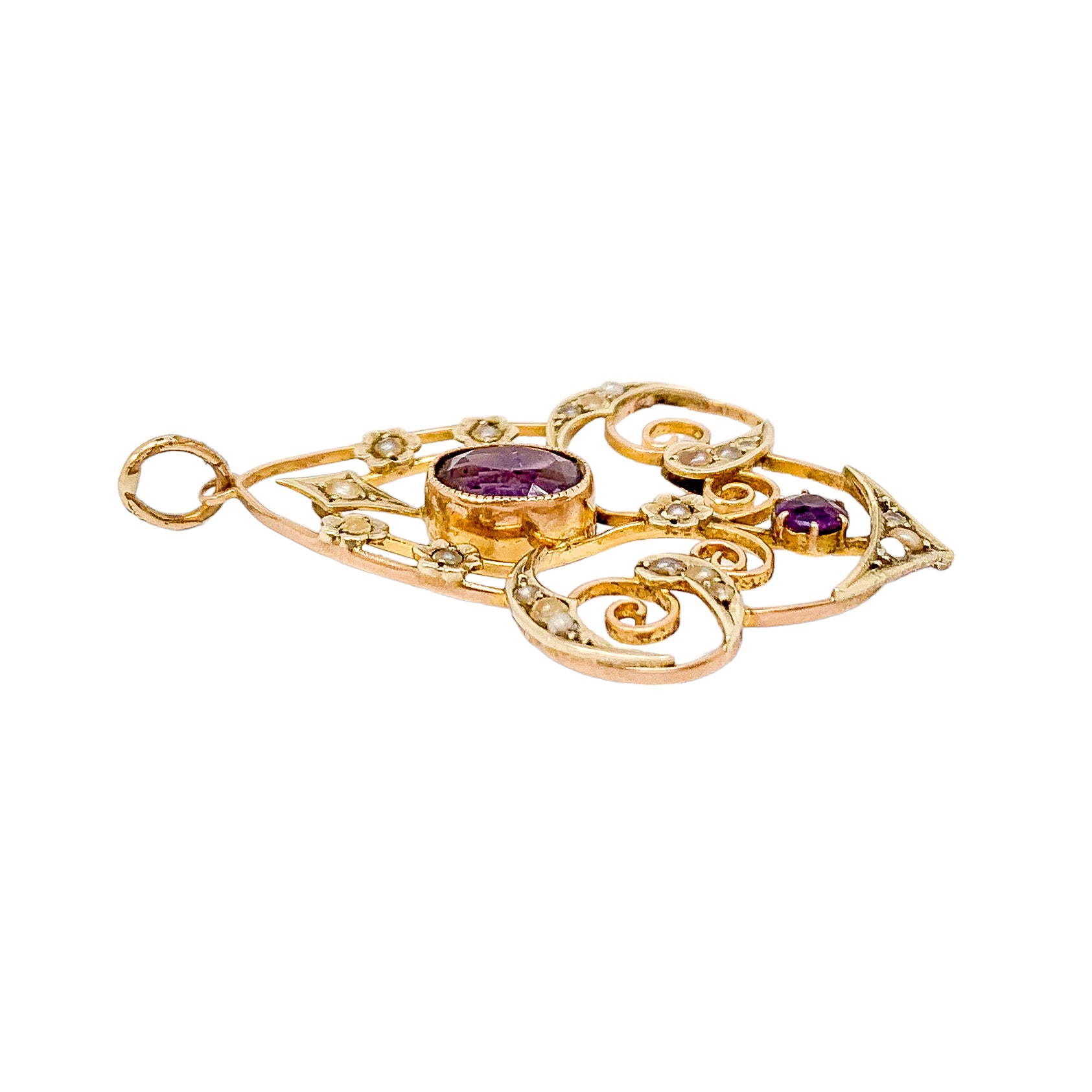 Art Nouveau lavalier amethyst pearl pendant 9ct yellow gold