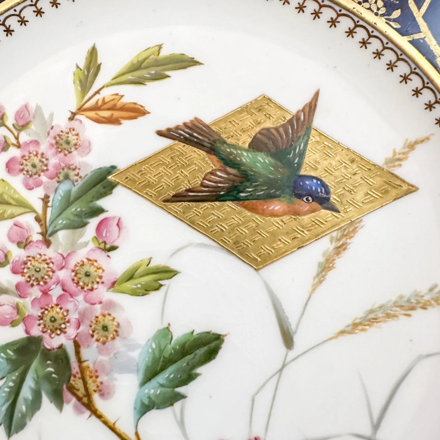 Aesthetic Movement octagonal Wedgwood porcelain plate, gilt floral and bird design