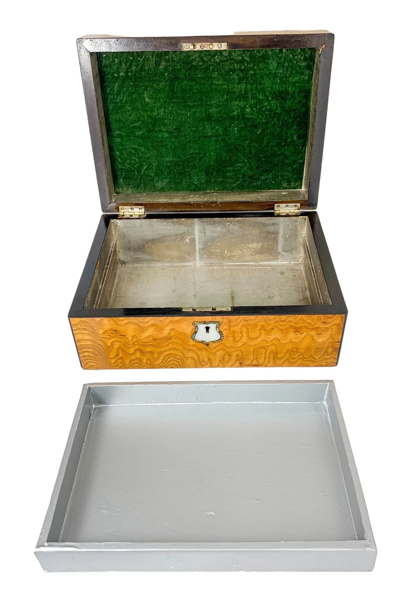Victorian burr walnut jewellery workbox with lift-out tray and mother of pearl escutcheon