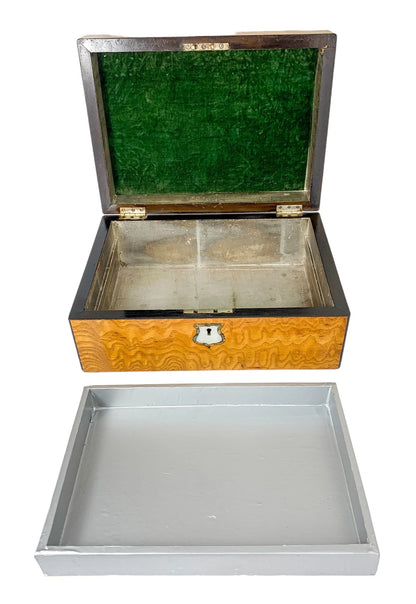 Victorian burr walnut jewellery workbox with lift-out tray and mother of pearl escutcheon
