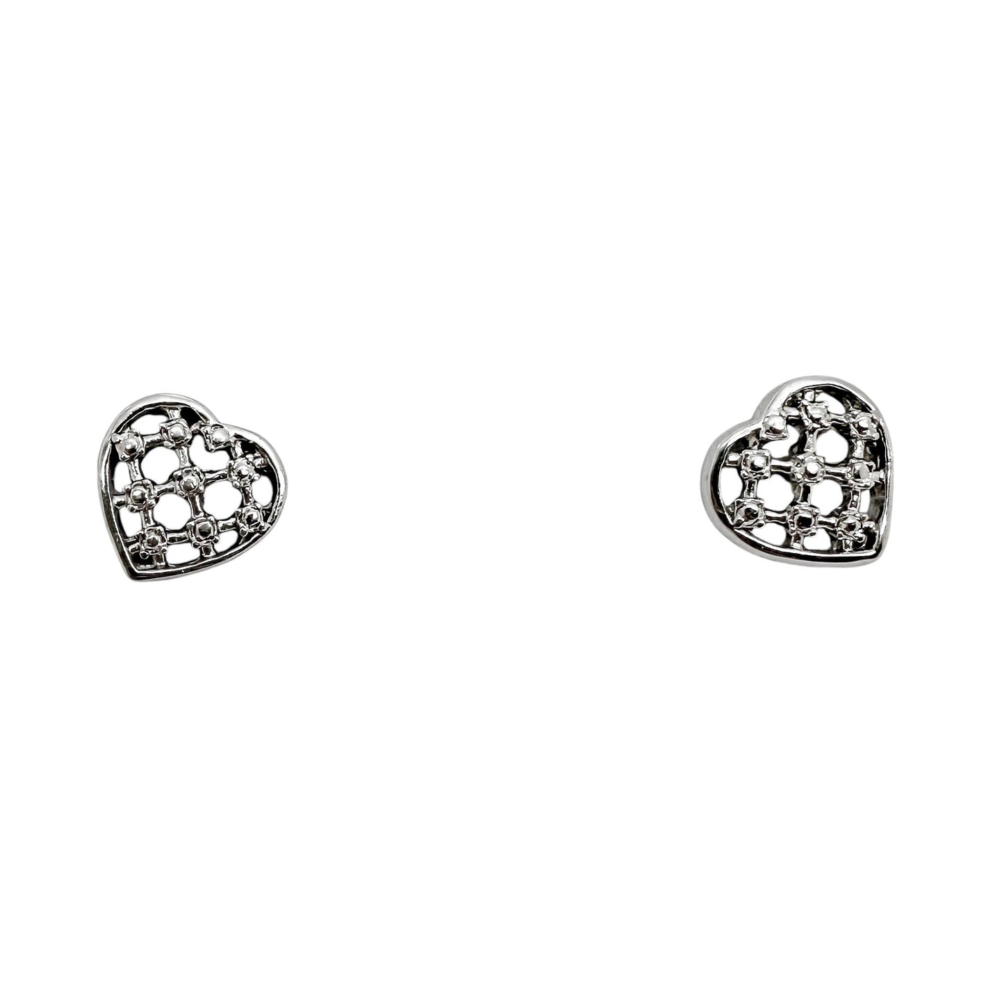 Vintage 9ct white gold openwork heart stud earrings with beaded design