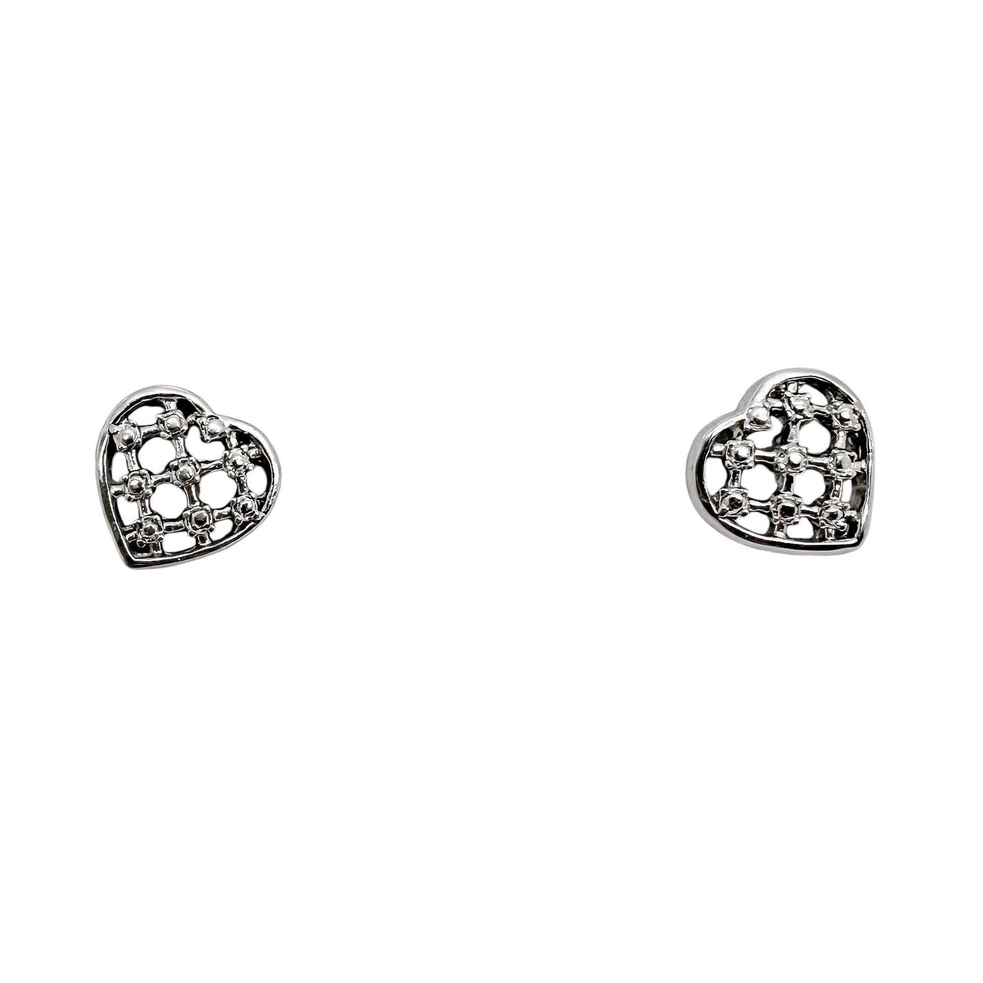 Vintage 9ct white gold openwork heart stud earrings with beaded design