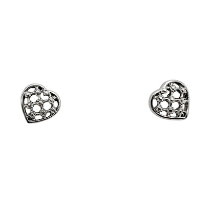 Vintage 9ct white gold openwork heart stud earrings with beaded design