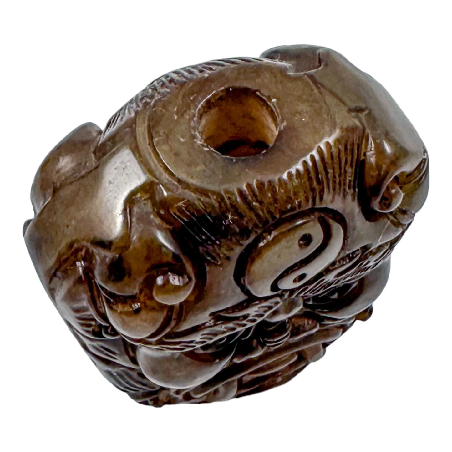 Qing Dynasty jade snuff bottle with demon mask and Yin/Yang symbol