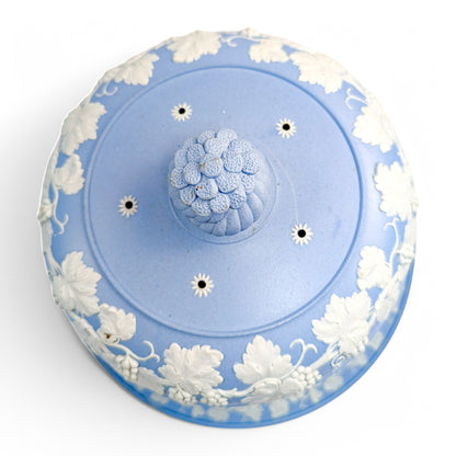 Antique English Wedgwood style blue jasperware cheese dome and stand with grapevine decoration, 19th century