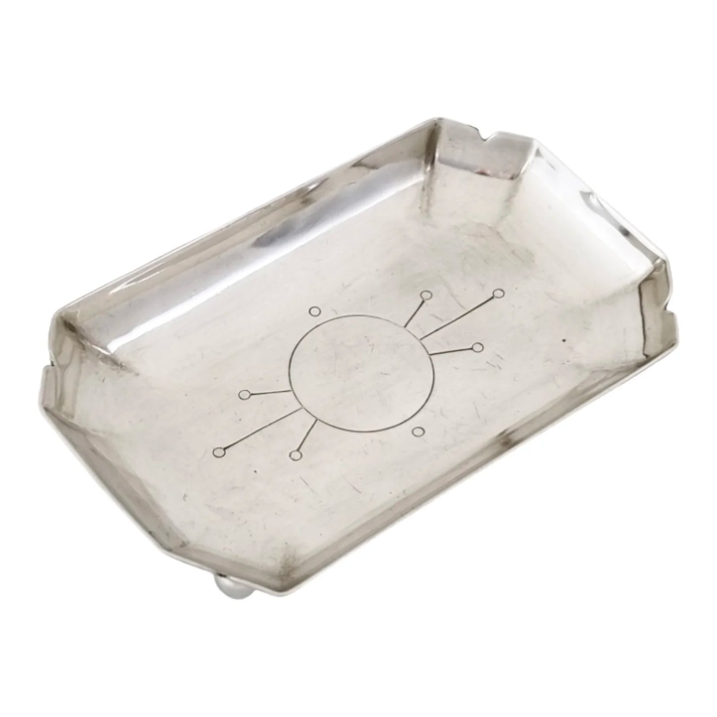 Modernist 1940's sterling silver vide poche snack/nut/candy bowl, oblong body on ball feet