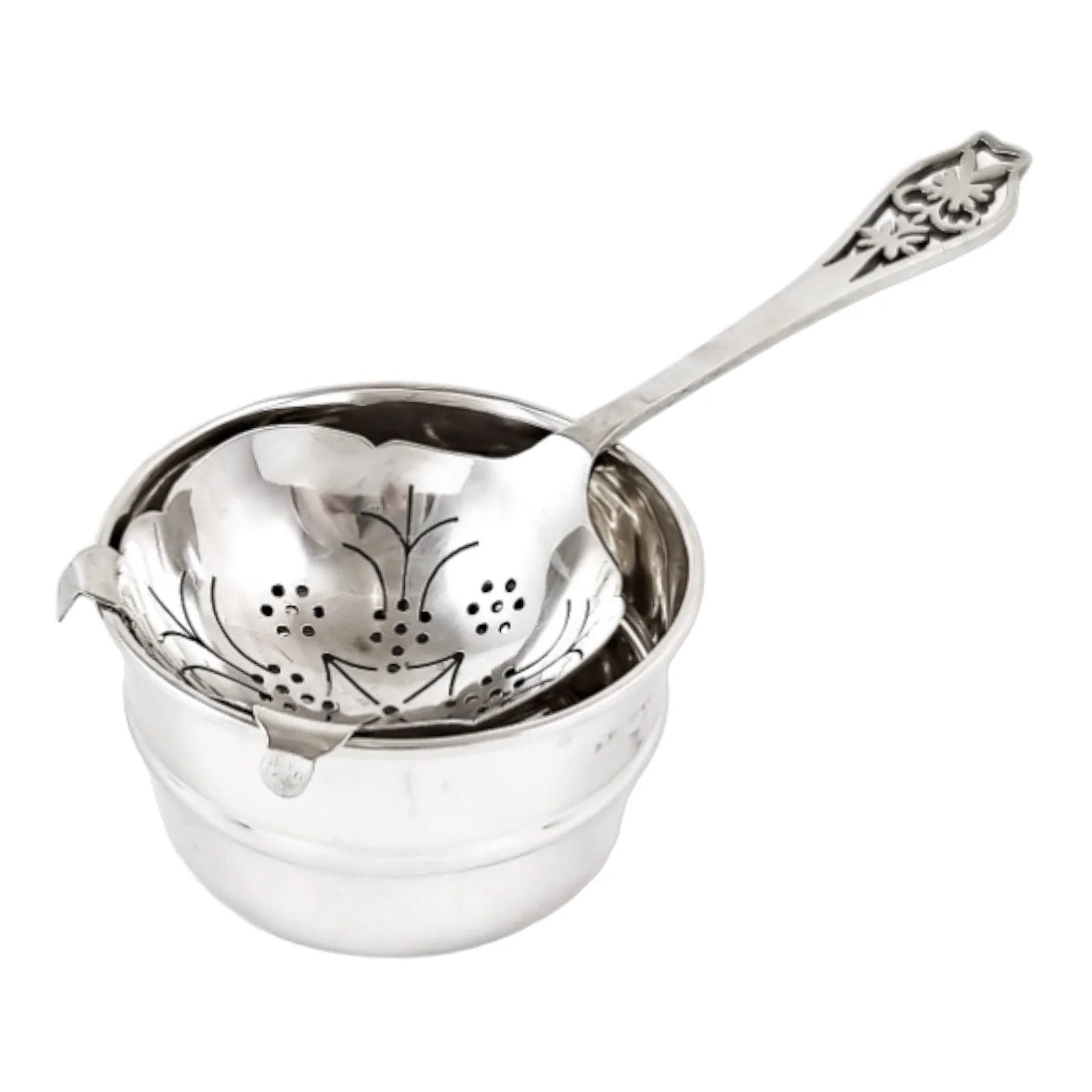 Art Deco large sterling silver tea strainer with bowl stand and pierced handle