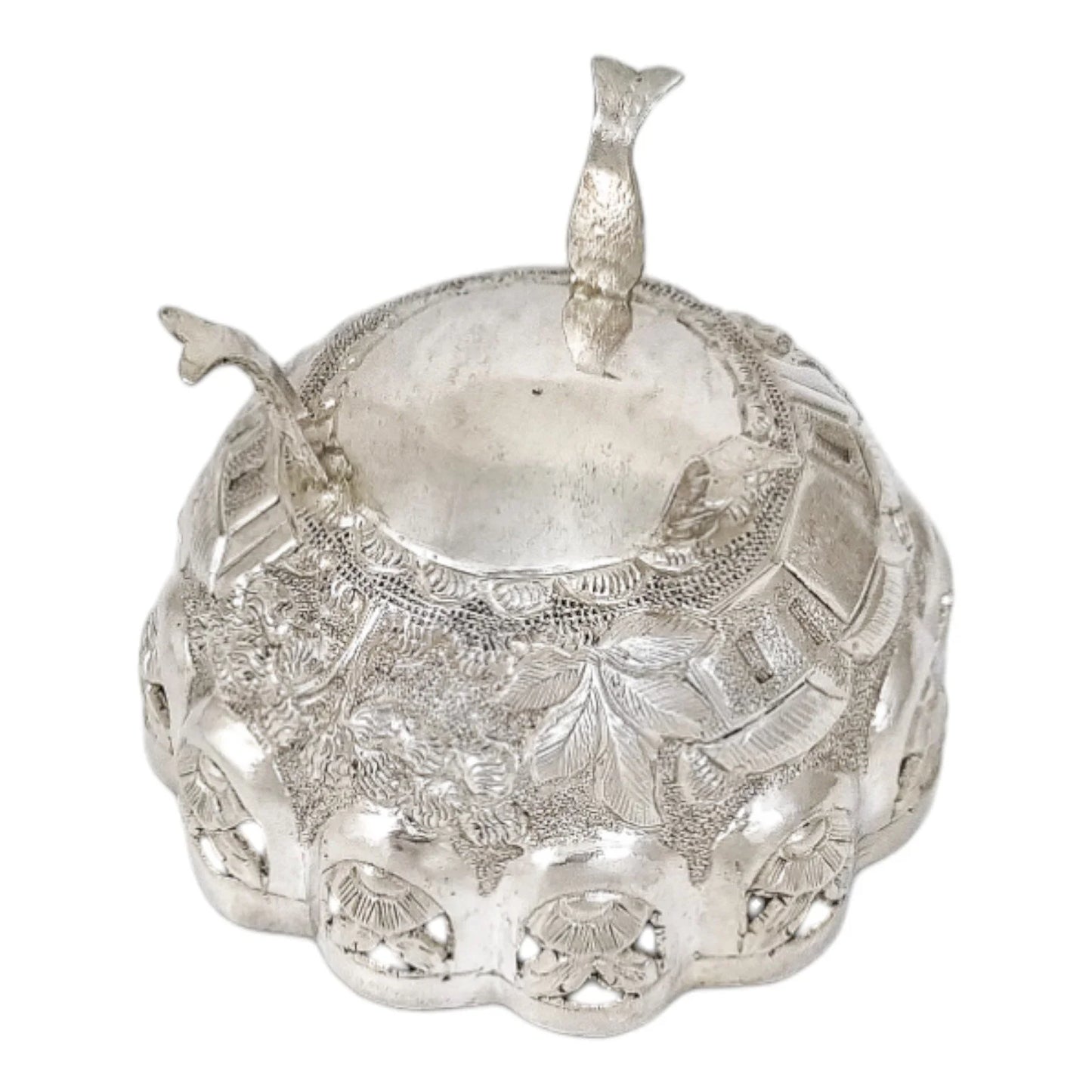 1890's Indian Calcutta silver figural bowl with fish legs and embossed village scenes