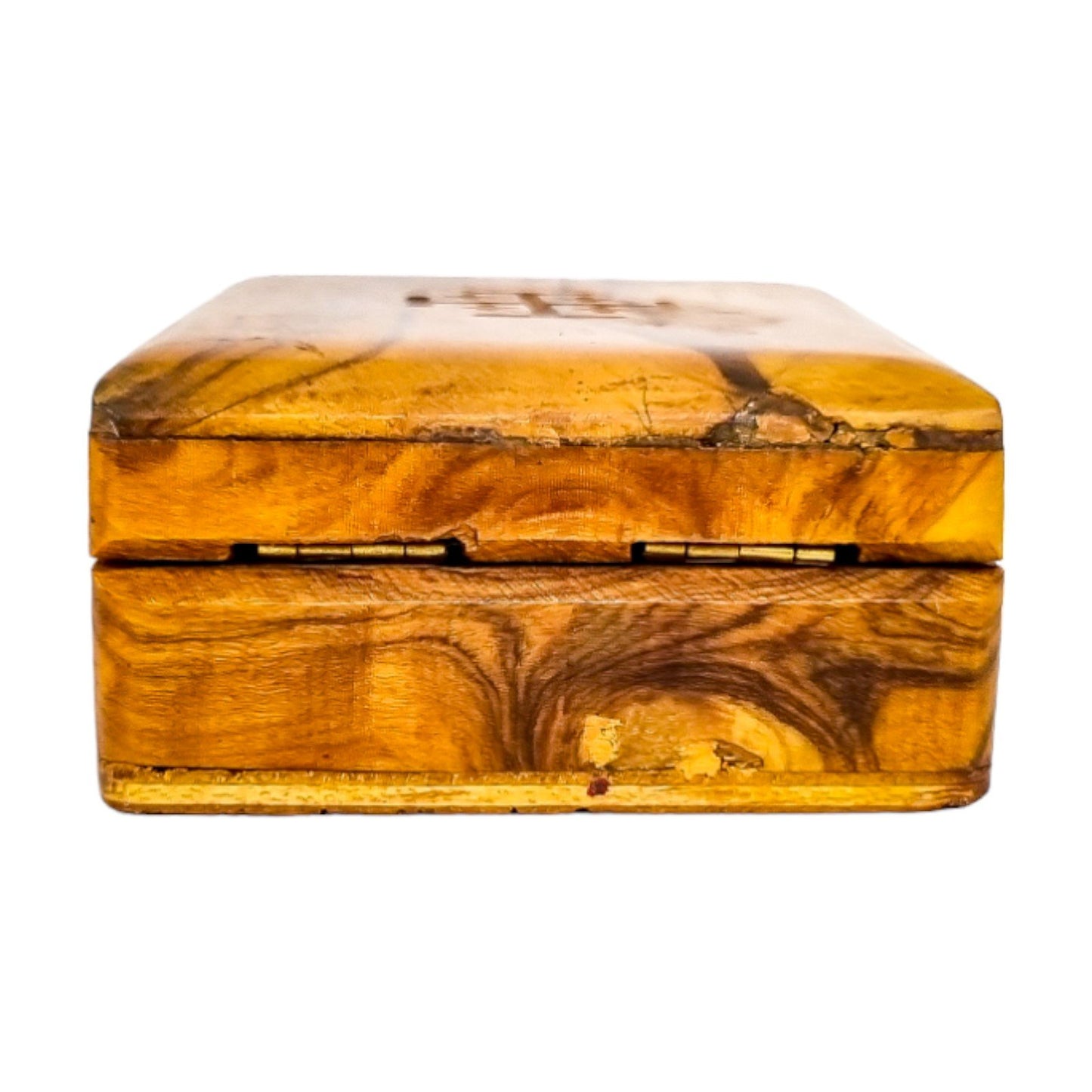 Edwardian olive wood rosary box with Jerusalem cross, Holy Land