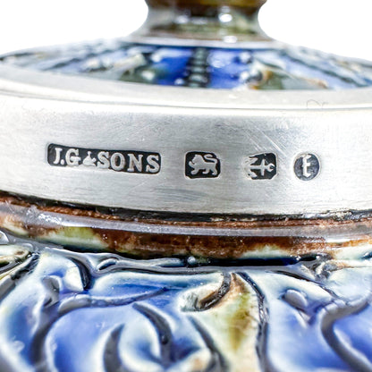 Rare Doulton Lambeth Aesthetic Movement stoneware teapot with sterling silver mounts, Birmingham 1880