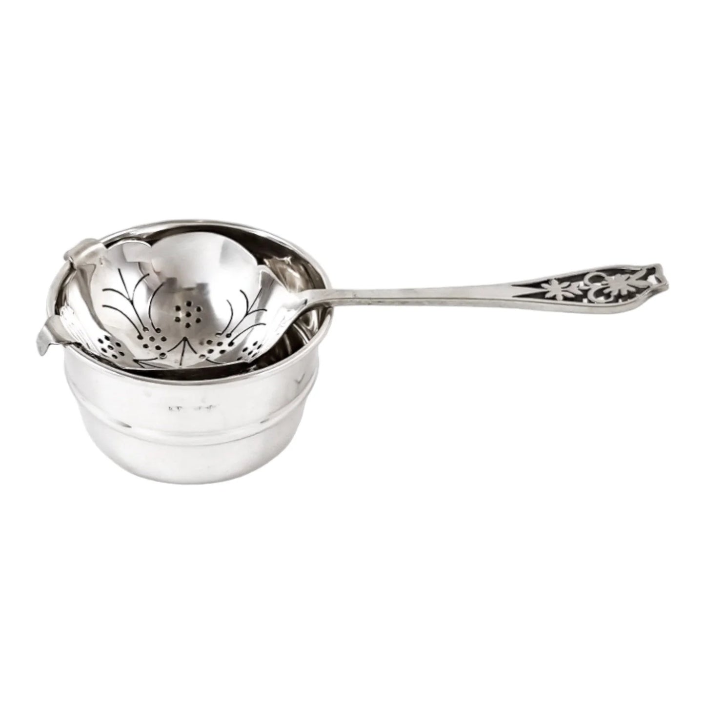 Art Deco large sterling silver tea strainer with bowl stand and pierced handle