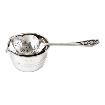 Art Deco large sterling silver tea strainer with bowl stand and pierced handle