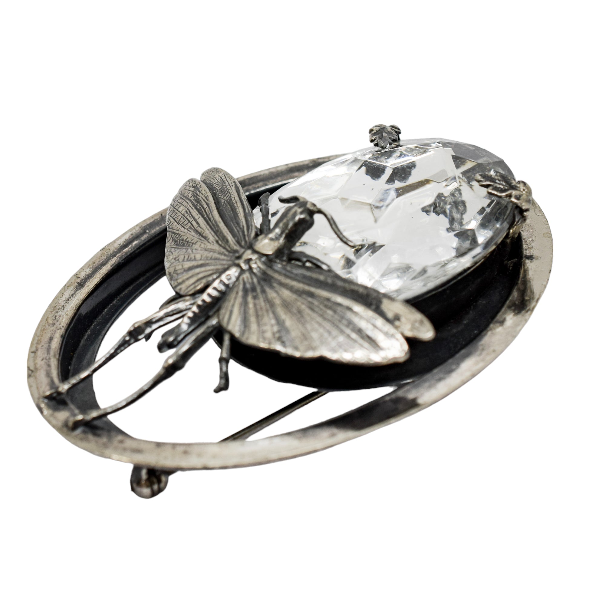 Ermani Bulatti silvertone butterfly large oval statement brooch
