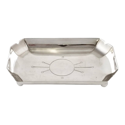 Modernist 1940's sterling silver vide poche snack/nut/candy bowl, oblong body on ball feet