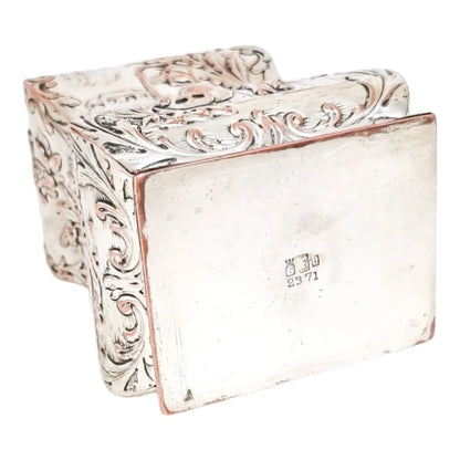 1890's Dutch silver plate tea caddy Rococo embossed flowers, children, scrolls