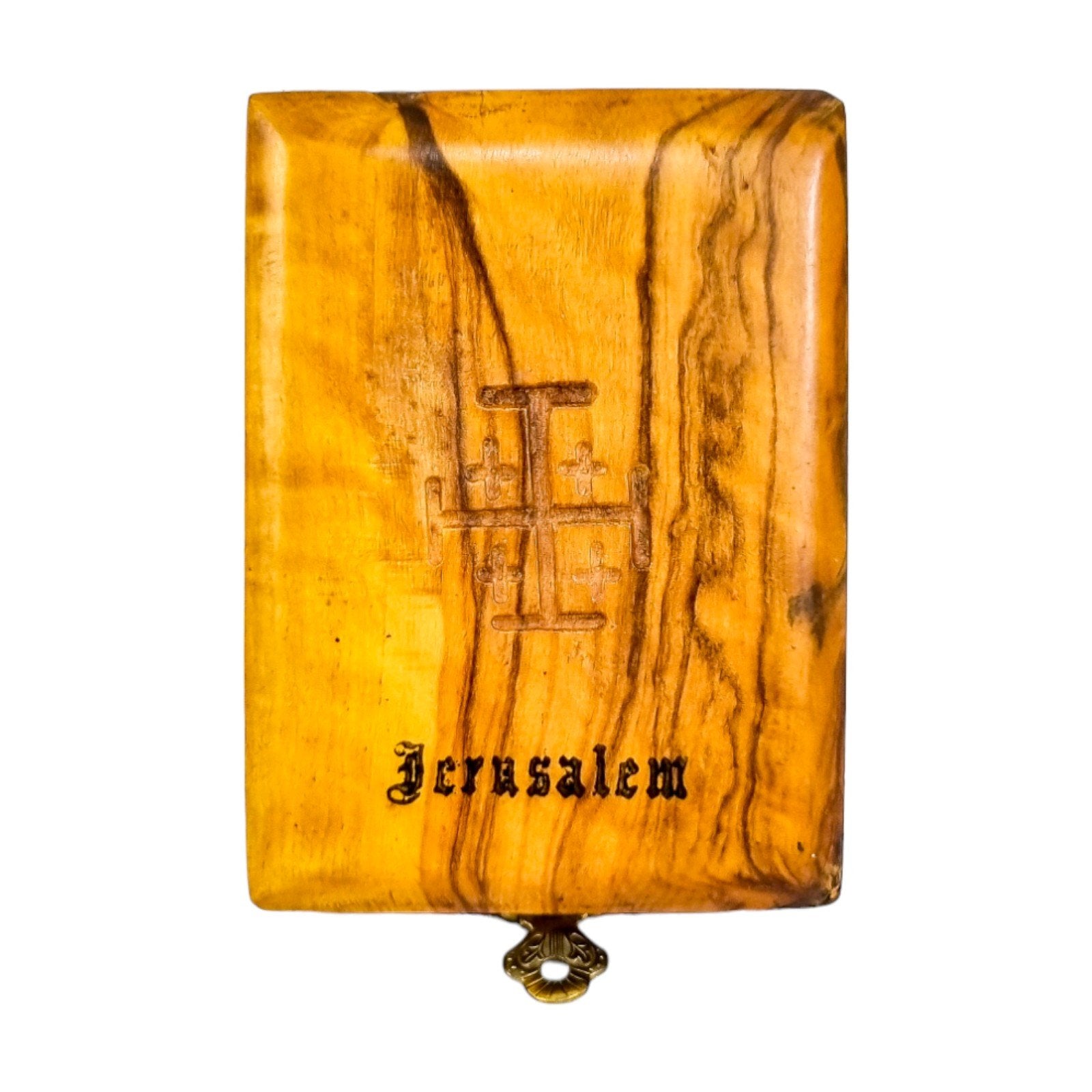 Edwardian olive wood rosary box with Jerusalem cross, Holy Land