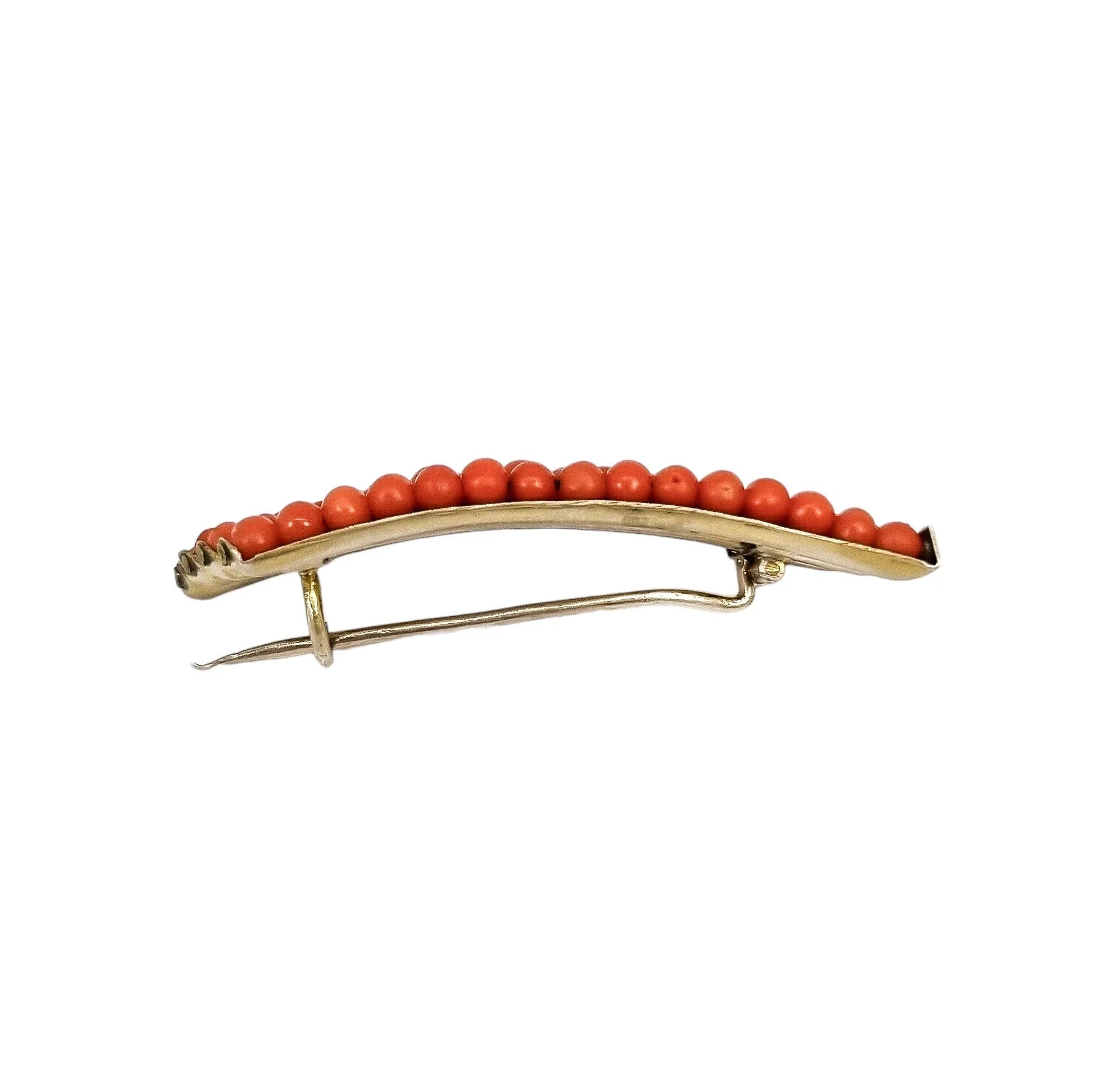 Antique Continental silver gilt brooch set with 4 rows of Mediterranean coral beads