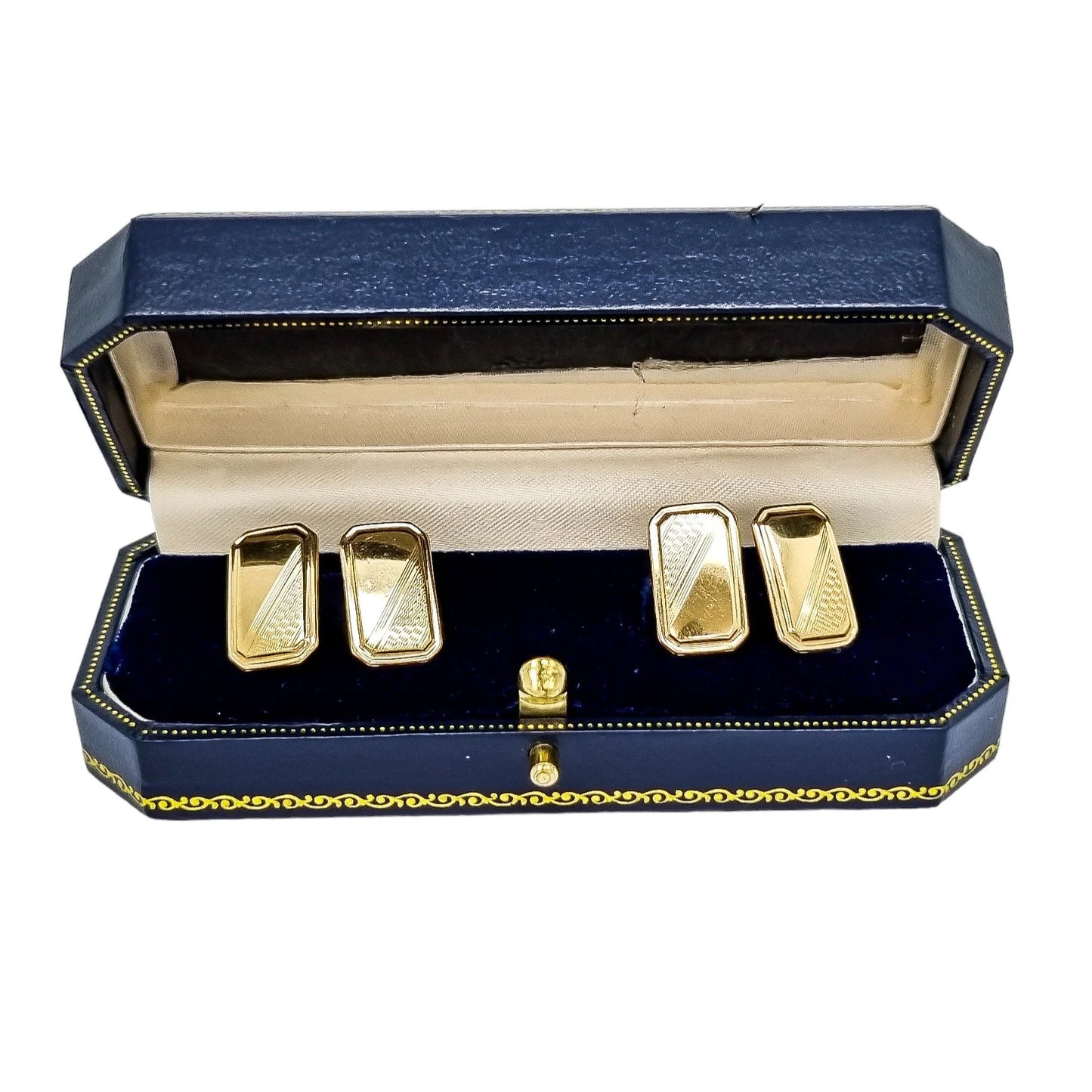 Vintage 1960’s 9ct yellow gold oblong bevelled cufflinks, half engine-turned, boxed