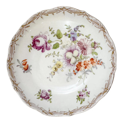19th century Meissen porcelain pair of small floral saucers with gilt scalloped rims