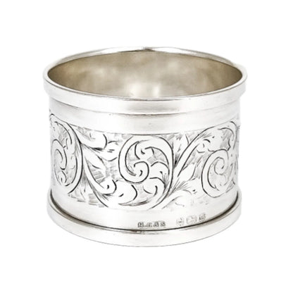 1930's large sterling silver napkin ring engraved with scrolling leaves
