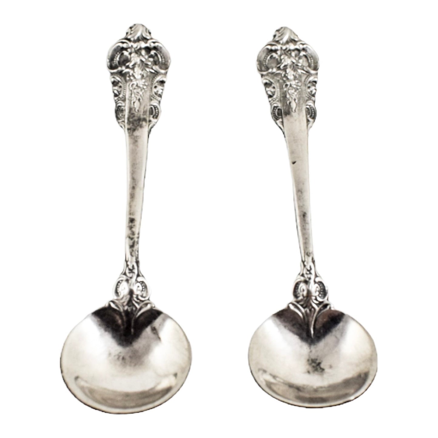 Edwardian set of 2 Neoclassical gilt sterling silver boxed navette salts with spoons