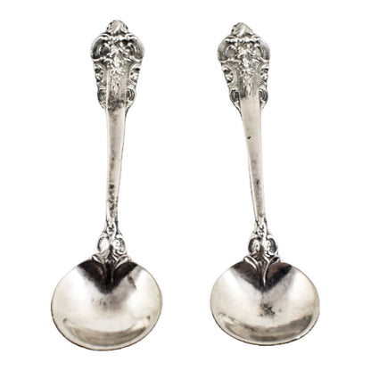 Edwardian set of 2 Neoclassical gilt sterling silver boxed navette salts with spoons