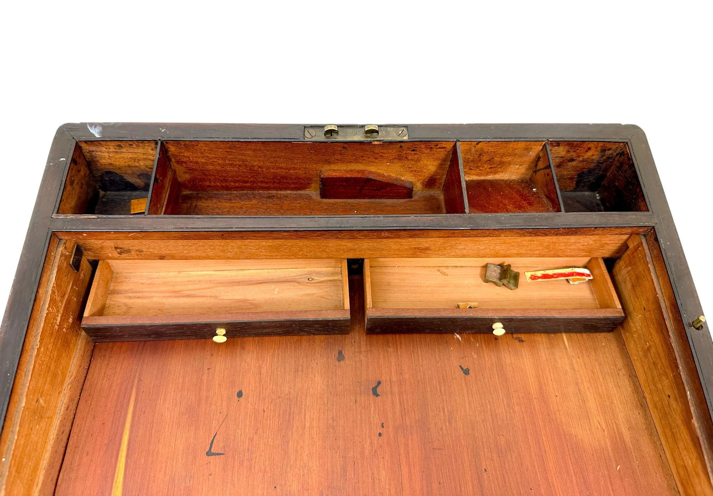 Large rosewood Victorian writing box with mother of pearl cartouche and secret pull out drawers